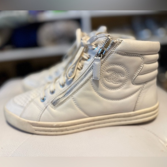 CHANEL Shoes - Hot Deal: Chanel White Leather CC High Top Sneakers w/Side Zippers